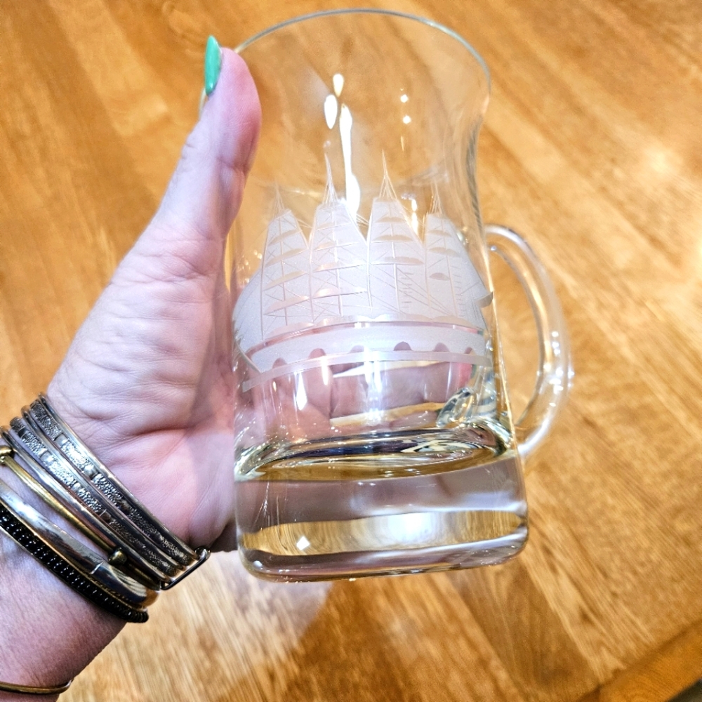 Clear Glass Mug with Etched Schooner Design